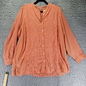 Soft Surroundings Top Womens 1X Orange Embroidered Button Down Boho Blouse